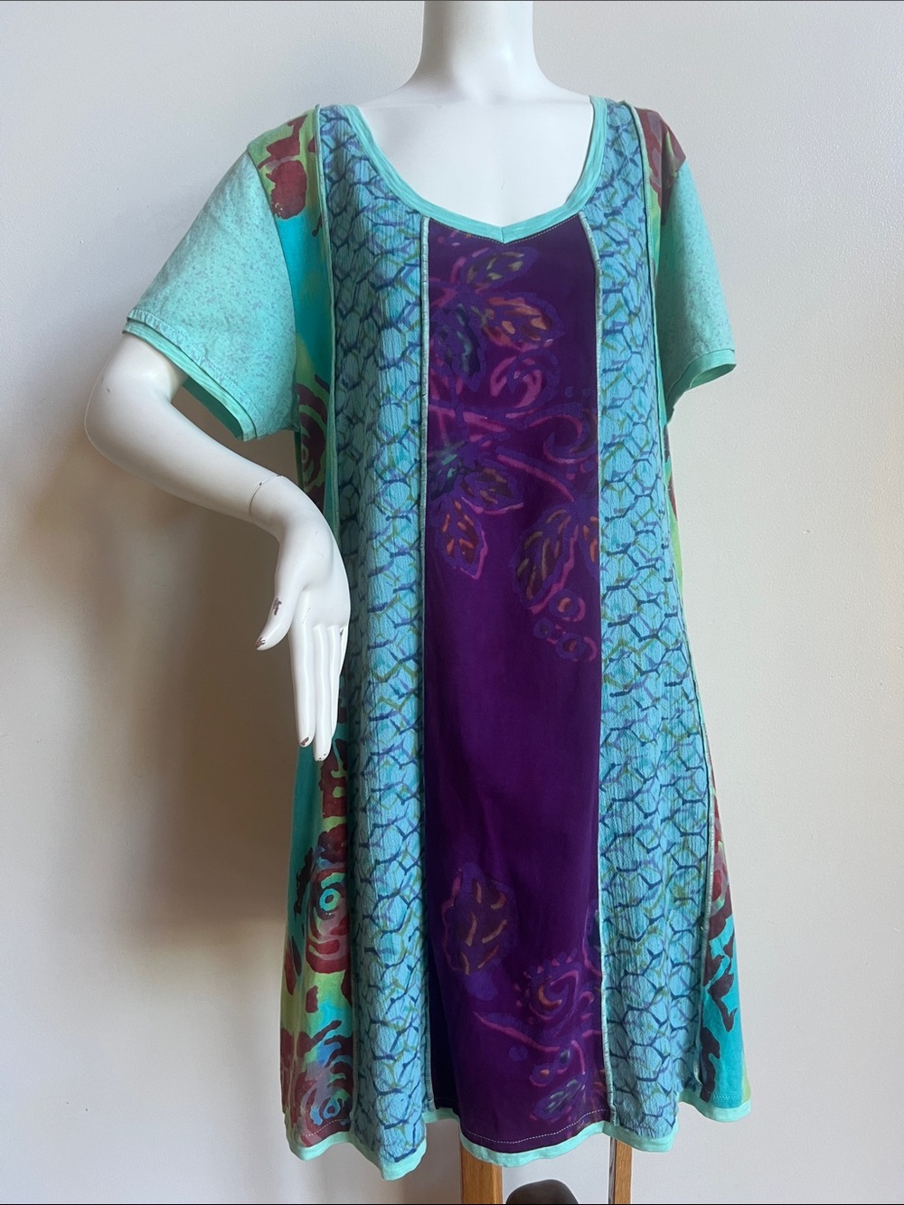 Winter Sun Short Sleeve Swing Dress with panels of coordinated fabric